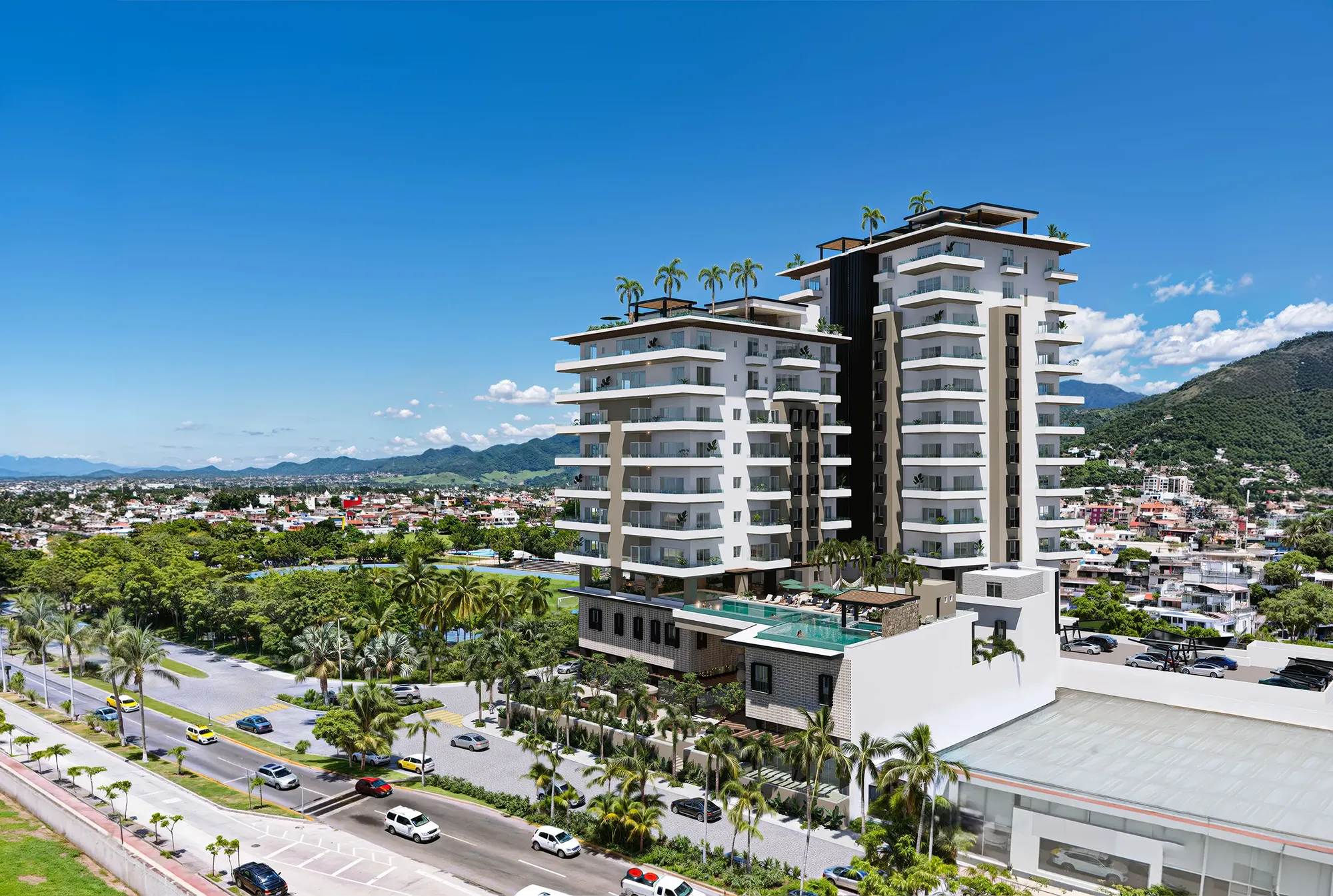 Modern facade of VBoulevard luxury condos in Puerto Vallarta